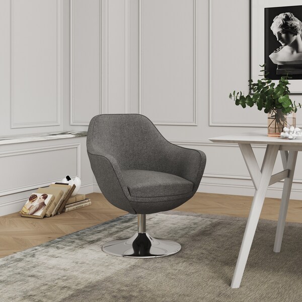 Caisson Swivel Accent Chair In Grey And Polished Chrome